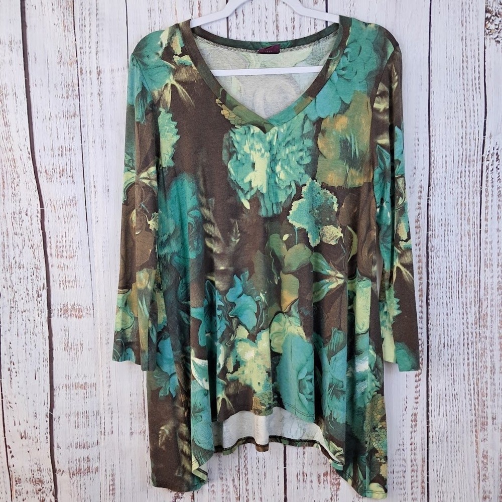 Salaam Art to Wear V-Neck Tunic Top M Teal Brown Floral Sharkbite Hem Boho